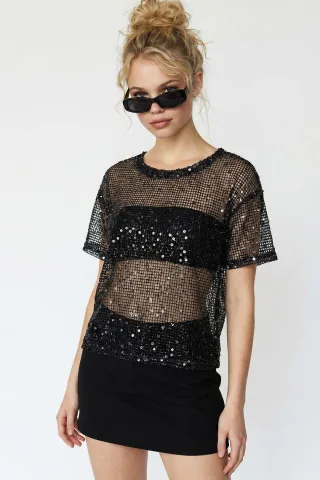 Pailletten-Woven Rundhalsbluse