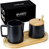 MiaMio Milch- und Zuckerset mit Bambustablett, Deckel und Löffel, Schwarz (5-tlg), Keramik, Zuckerdose 200 ml, Milchkännchen 240 ml, mit Bambustablett