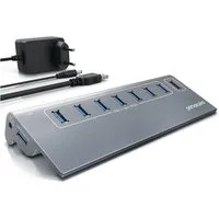 Primewire 8 Port USB Port Hub, 5 Gbit/s Aktiv Verteiler mit Netzteil, Alugehäuse USB-Adapter 1× USB Typ A Stecker zu 8 x USB 3.2 Gen1 Buchse - davon 1x USB Ladeport smart Charge, 7 x Datenports 1 x USB Ladeport, für PC, Notebook, Laptop, Tablet