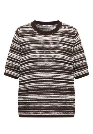 CECIL - Kurzarm Pullover mit Rundhals und Streifen brown cacao - Gr. - M