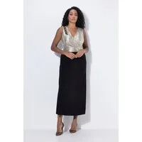 Ulla Popken Cocktailkleid Maxikleid Glitter Stickerei V-Ausschnitt ärmellos