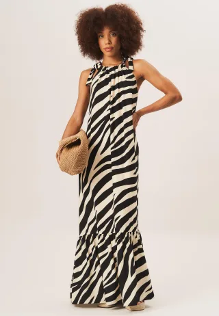 Maxikleid mit Zebramuster und Krawattenschulter