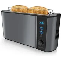 Arendo Toaster Edelstahl, Langschlitz, Display mit Restzeitanzeige, Brötchenaufsatz, 1 langer Schlitz, für 2 Scheiben, 1000 W, Defrost Funktion, Wärmeisolierendes Gehäuse, Krümelschublade
