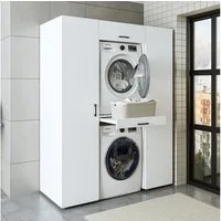 Roomart Waschbeckenunterschrank Waschmaschinenschrank 157 cm – für Waschmaschine & Trockner (Set) Waschmaschine & Trockner übereinander, Ausziehbrett, Schublade