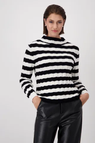 monari - Ringel-Pullover mit Zopfmuster schwarz ringel - Gr. - 38