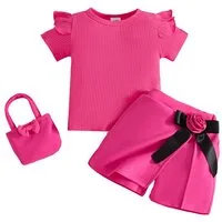 Lapastyle Top & Shorts Mädchen Baby Sommer Set, Alltagskleidung, Partyoutfits, Festtagssets (Set, 3-tlg) Oberteil mit Rüschen, Shorts Skirt mit Blumen-Schleifen, Handtasche