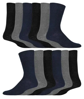 12 Paar Multipack Gentle Grip Top Diabetiker Socken | IOMI | Mid Calf Loose Top Non Elastic Cotton Socken mit Handlinked Seamless Toe - Schwarz / Navy / Grau