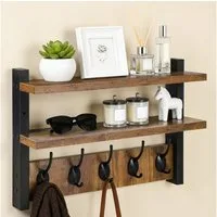 JOYOLEDER Wandgarderobe Garderobenleiste Holz mit 2 Ablage, 5 Metallhaken, Wandgarderobe (Holz Wand für Flure, Garderoben, Wohnzimmer und Badezimmer, Retro Kleiderhaken Regal)