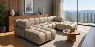 Sofa Designersofa FLOW 3-Sitzer inkl. 2 x Polsterhocker Stoff Bluvel Latte