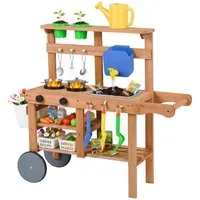 COSTWAY Outdoor-Spielküche Holz, Mit Blumentöpfen, abnehmbaren Wassertank & Waschbecken
