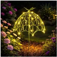 Online-Fuchs Gartenstecker Regenschirm mit LED-Beleuchtung & Timer - Gartenfiguren für außen (Dauerleuchten oder seichter Funkeleffekt wählbar, filigraner Schmetterling auf dem Schirm) ganzjährige Dekoration für Garten, Terrasse und Balkon