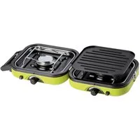 PrimeVal Gaskocher Doppelbrenner Grillkocher, (Spar-Set, 1-St., 51 x 22 x 10 cm kompakt), Klappbar, Piezozündung, 2 Brenner, Grillplatte