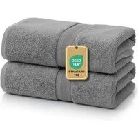 leevitex® Duschtücher 2er-Set, 70x140 cm, 100% Baumwolle, saugstark und fusselfrei, Frottee (Set, 2-St), OEKO-TEX® STANDARD 100 zertifiziert, gestreifte Bordüre