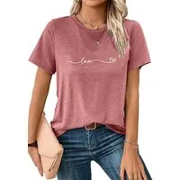 PYLIKE Kurzarmshirt Damen Sommershirt Kurzarm mit LOVE Ausgefallene Tees Bequem für Freizeit und Büro,Strandurlaub