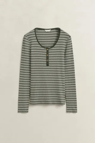 GANT - Geripptes langärmliges Henley-Shirt MOSSY GREEN - Gr. - S