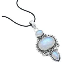 mantraroma Kettenanhänger BURUNG aus 925 Silber mit Regenbogen Mondstein (Kettenanhänger am Baumwollband im Schmuckbeutel), 925 Sterling Silber Kettenanhänger für Damen