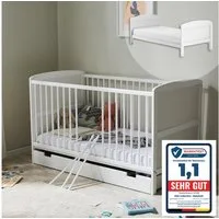 Kids Collective Babybett Kinderbett 70x140 cm umbaubares Gitterbett höhenverstellbar, herausnehmbare Sprossen, weiss Vollholz Kiefer, mit Schublade