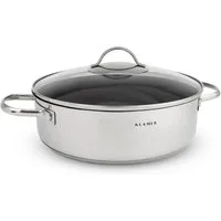 KLAMER Servierpfanne mit Deckel 28cm Induktion, antihaftbeschichteter Edelstahl Schmortopf…, Edelstahl, Energiesparend, Güteglasdeckel, tropffrei abgießen