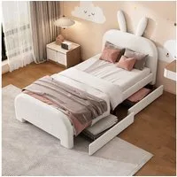 Flieks Polsterbett, Kinderbett Einzelbett 90x200cm, Kaninchenform Kopfteil, 2 Schubladen