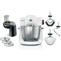 BOSCH Küchenmaschine Serie 6 MUMS6EW13D, Durchlaufschnitzler, Edelstahlschüssel, weiß, 1600 W, 5,5 l Schüssel, 7 Stufen, 3 Scheiben, Knethaken/Rühr-/Silikonbesen, spülm.fest