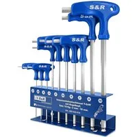 S&R Innensechskantschlüssel HX, S2 Hochleistungsstahl, T-Griff, zuverlässiger Korrosionsschutz, (Set, 10-tlg 2 mm - 10 mm), mit Kugelkopf, Werkzeughalter aus Metall, Metrisch
