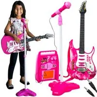 KRUZZEL Spiel-Gitarre Kinder E-Gitarre Set Rosa mit Verstärker Mikrofon MP3 LED-Lichter, (Kinder Musikspielzeug Set mit Gitarre Verstärker Mikrofon für Rollenspiel, Kinder E-Gitarre Set mit Mikrofon, Verstärker und Zubehör), Blinkende Lichter MP3-Mus