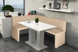Eckbankgruppe 168x128 cm ROBIN R Creme / Esstisch DANTE Weiss HGL