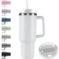 Roomando Thermobecher Becher mit Henkel Strohhalm Edelstahl Autobecher Kaffeebecher weiß