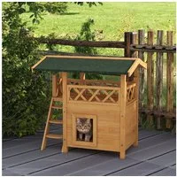 PawHut Tierhöhle Katzenhaus aus Holz Winterfest wasserdicht mit Terrasse Treppe, für Garten, Balkon, Natur