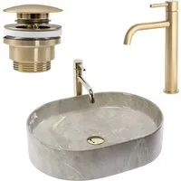 wohnwerk.idee Aufsatzwaschbecken Marmoroptik Waschtisch Waschbecken Beige Naturstein Design 50x38cm