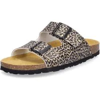 MIDS MOMO Damen Pantolette leo Animalprint, Zweiriemer mit ergonomischem Fußbett & Schnallen
