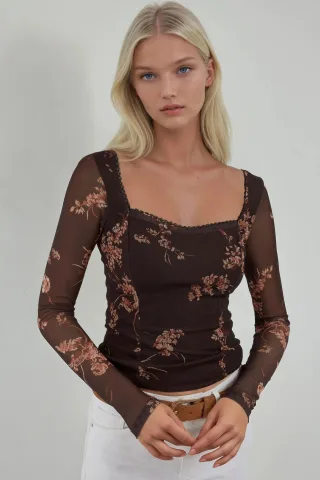 Herzkragen Bedrucktes Langarmshirt
