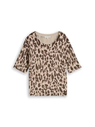 Tom Tailor - Strickpullover mit Leo-Print gravel beige melange leo - Gr. - S