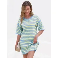 Imily Bela Hausanzug Damen Zweiteiliges Rock-Set (Set, 1 tlg., Kurzarm-Strickjacke mit Knöpfen + Minirock) Streifen