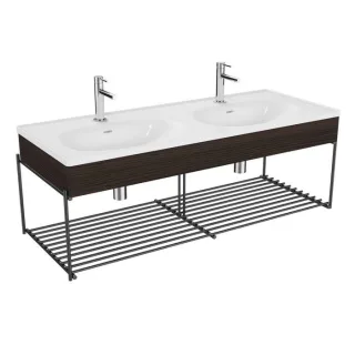 VitrA Equal Doppelmöbelwaschtisch-Set 64101 132,5x52cm, mit Möbelwaschtisch asymmetrisch, weiß, Ablage, mit Holzblende ulme