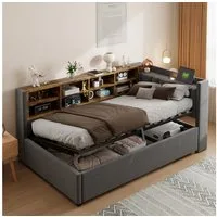Merax Daybett mit Nachtlicht und USB-Anschluss (gepolstertes Kopfteil mit Regalen, 1 tlg), Schlafsofa 90x200cm mit hydraulischem Stauraum & Stauraumfächer