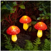 Lights4fun LED Gartenleuchte 3er Set Solar Fliegenpilz Stableuchten