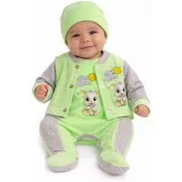La Bortini Strampler, Jäckchen & Mütze Strampler Mütze und Hemdchen Set Baby Anzug in grün gelb mit Hasen (neutral, für Jungen und Mädchen, Erstlingsset, 3-teilig für Neugeborene) aus reiner Baumwolle, mit Hasen Aufdruck