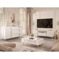 ALLHOUSE24 Wohnzimmer-Set DIAMANT Weiß Hochglanz GOLD Metallfüßen Wohnzimmer Möbel SET, (3-St), Das Set besteht aus: Kommode, TV Schrank, Couchtisch