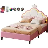 FUROKOY Polsterbett Kinderbett Kronenbett anhebbarem Kopfteil Kronenform (Einzelbett Bettgestell Nettes und verträumtes Mädchen Bett Rosa/Weiß), 140x200 cm,Geeignet für Jugendliche und Kinder,Samt