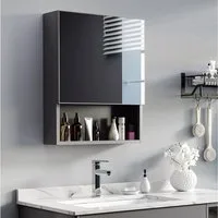 Kleankin Spiegelschrank Badezimmerschrank mit Spiegeltür 2 Innenböden und 1 offenem Regal (Badschrank, 1-St., Hängeschrank) Edelstahl, Glas, Schwarz, 46 x 13,5 x 58 cm
