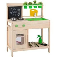 COSTWAY Outdoor-Spielküche Holz, Mit Kreidetafel, Herd, Blumentöpfen & Kochutensilien