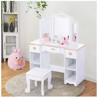 GarveeMore Schminktisch mit Hocker & Spiegel & Schubladen & Aufbewahrungsfach für Kinder, abgerundete Ecken, für Schlafzimmer, Kinderzimmer
