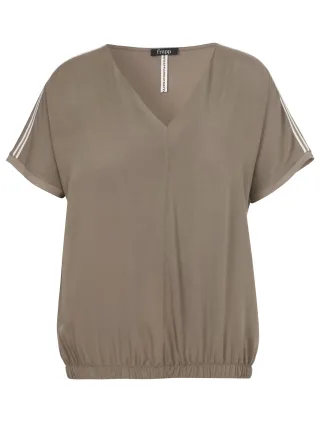 Frapp - Bluse V-Ausschnitt ohne Arm Materialmix taupe/offwhite - Gr. - 48