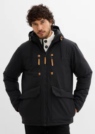 bonprix Winterjacke mit Lederimitat-Details, schwarz, Gr.60/62 (XXL), warm wattierte Jacke mit Lederimitat-Applikationen