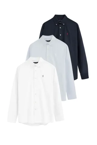 Dreierpack Oxford-Herrenhemden, marineblau, weiß und hellblau im Regular Fit und Rigby Go Logo