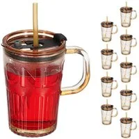 relaxdays Gläser-Set Trinkgläser im 10er Set mit Henkel, Glas, hellbraun