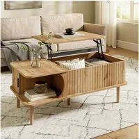 Merax Couchtisch höhenverstellbar Sofatisch Walnuss Retro Beistelltisch (100 x 48 x 55,5 cm, 1-St), Wohnzimmertisch mit Schiebetür, Holzbeinen & Stauraum
