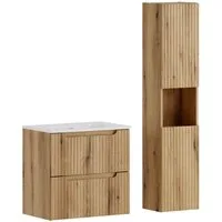 Lomadox Badmöbel-Set NEWPORT-56-EVOKE, (Spar-Set, 2-St., Waschtisch Hochschrank), in Eiche mit gerillter Front