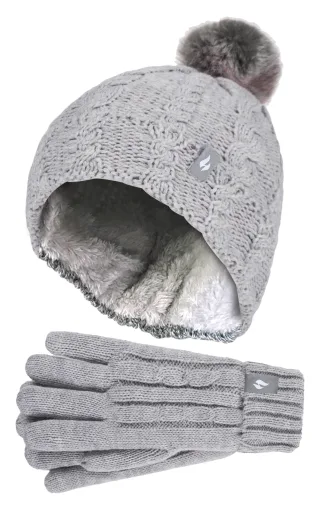 Wärmehalter - Set aus Bommelmütze und Handschuhen für Mädchen | Mütze mit umgeschlagener Manschette und Kabelstrickhandschuhe - Frostgrau meliert